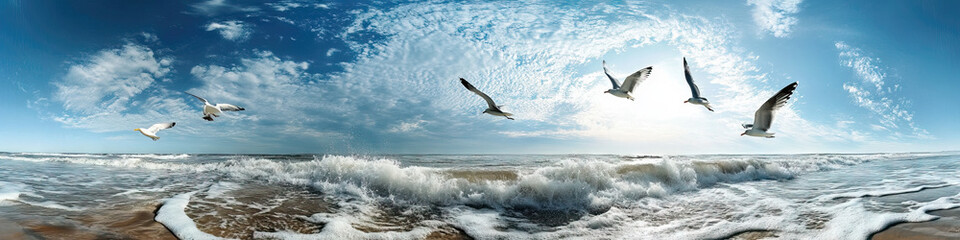 A wide-angle view of the ocean meeting the sky, with seagulls flying overhead.