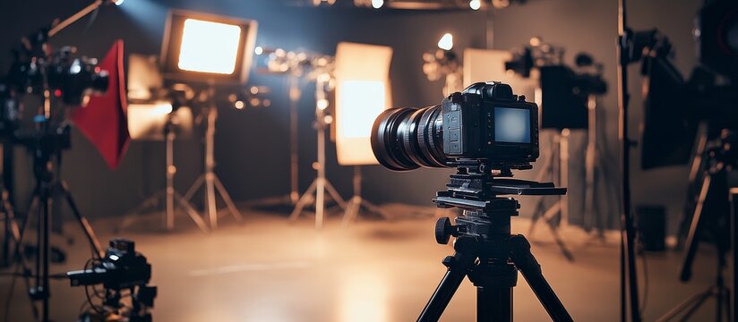 A professional film camera set up on a tripod in a studio