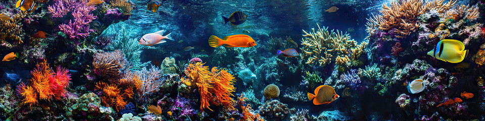 An underwater scene revealing colorful coral reefs and vibrant schools of fish.