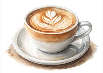 Elegant Minimalist Cappuccino with Intricate Latte Art in Soft Watercolor Style for Coffee Lovers and Beverage Aesthetics