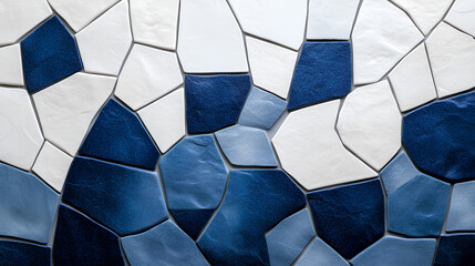 Abstract Geometric Mosaic of White and Blue Ceramic Tiles