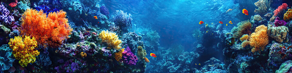 An underwater scene revealing colorful coral reefs and vibrant schools of fish.