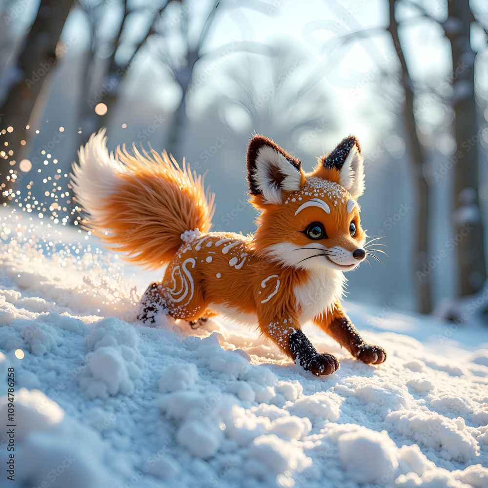 Canvas Prints playful fox cub leapfrogging through a snowy forest in winter light, 3d rendering of character desig