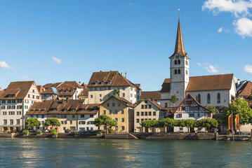 Naklejka premium View across the Rhine to the medieval old town of Diessenhofen, Canton+B19 of Thurgau, Switzerland