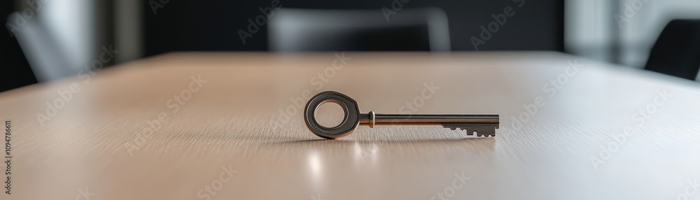 Poster a vintage key resting on a wooden table, symbolizing access and security in a minimalist setting.