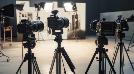 Three Professional Cameras Set Up on Tripods in a Film Studio