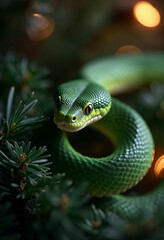 Fototapeta premium green wooden snake on a Christmas tree holding the numbers 2025