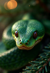 Fototapeta premium green wooden snake on a Christmas tree holding the numbers 2025