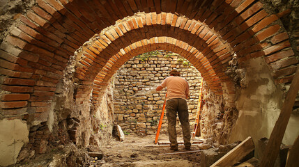Mason building an archway with symmetrically placed bricks in a Romanesque style.