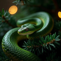 Fototapeta premium green wooden snake on a Christmas tree 