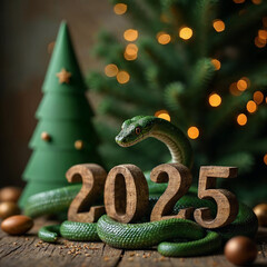 Fototapeta premium green wooden snake on a Christmas tree holding the numbers 2025