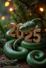 Fototapeta premium green wooden snake on a Christmas tree holding the numbers 2025