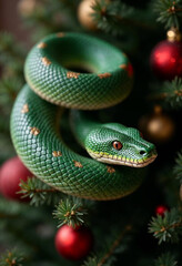 Fototapeta premium green wooden snake on a Christmas tree 