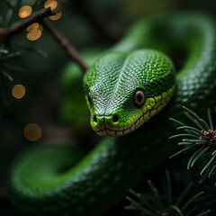 Fototapeta premium green wooden snake on a Christmas tree 