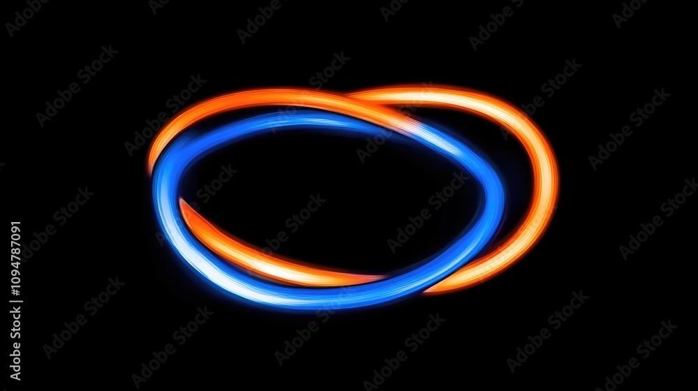 Poster this abstract design features two glowing loops in orange and blue, intertwined against a dark backg