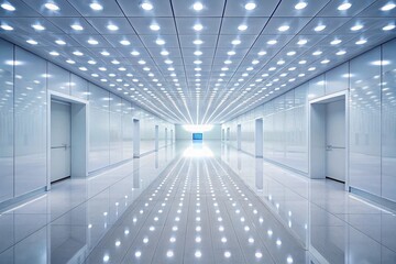 Fototapeta premium Abstract Modern White Hallway with Square Lights and Shiny Floor - Liminal Interior Background for Contemporary Design and Minimalist Architecture Concepts