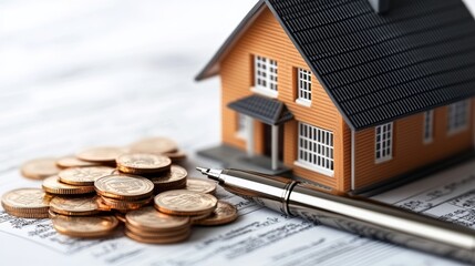 Detailed Model Home with Coins and Pen