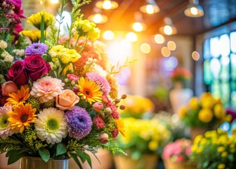 A Stunning Bouquet of Fresh Flowers in a Flower Shop with a Softly Blurred Background, Perfectly Positioned for Use in Invitations, Greeting Cards, and Floral Arrangements