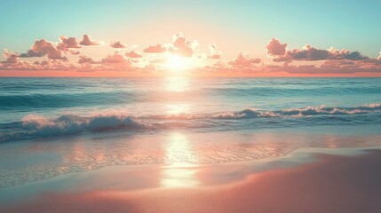 A serene coastal sunset where the horizon blends shades of coral, peach, and soft turquoise. 