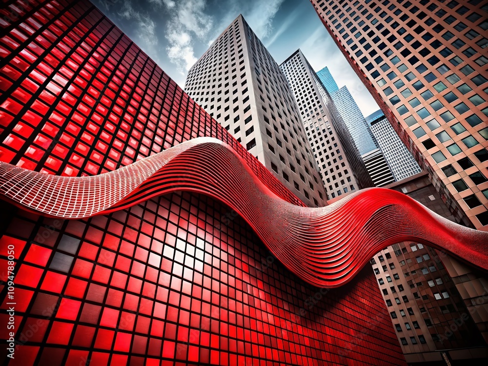 Poster abstract red halftone wave with squares - urban exploration photography featuring dynamic patterns a