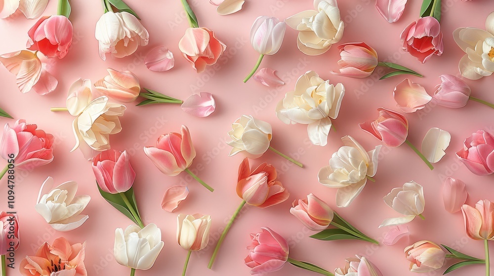 Poster A whimsical arrangement of tulips in various pastel colors scattered across a light pink background, creating text space on the side.
