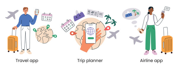 Travel vector illustration set. People with suitcases using traveling apps. Trip planning applications, travel apps, and airline bookings. Modern flat cartoon design with globes, calendars, tickets