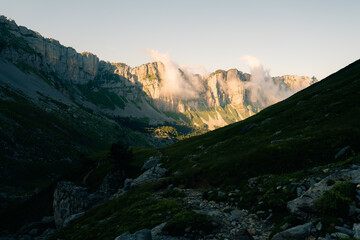 sunrise between mountains in the natural park of Cadi-Moixero pre-Pyrenees, Catalonia, Spain
