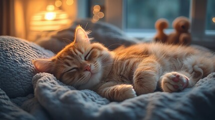 Cozy orange tabby cat peacefully sleeping on a soft blanket in warm evening light