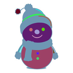 An snowman is wearing a blue hat with a green stripe on it. He has a purple smile on his face. He is holding a red ball in his hands. There are three green dots on the bottom of the ball.