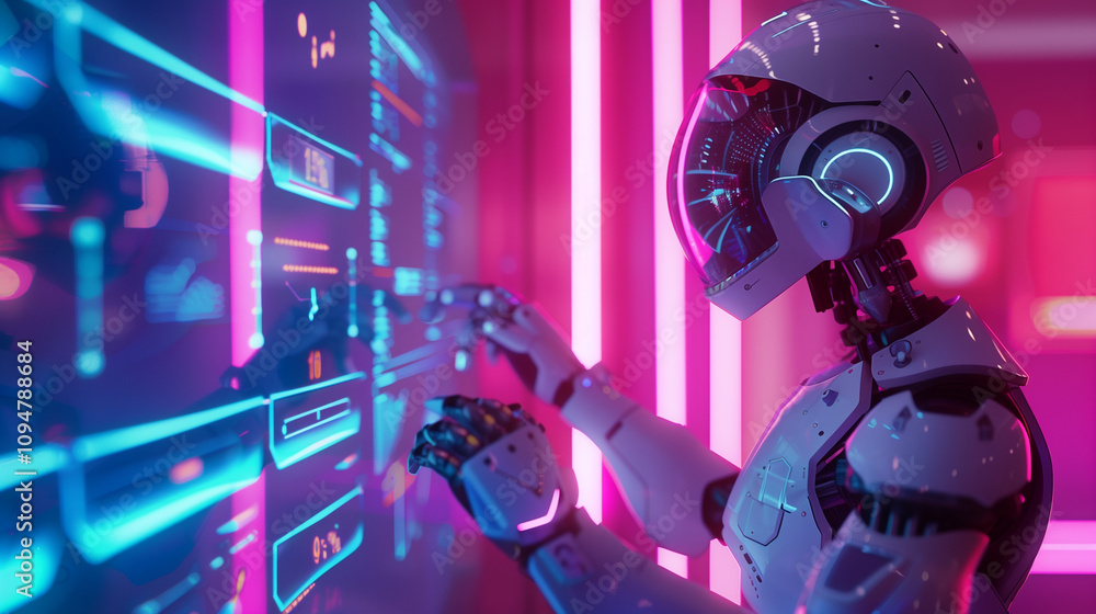 Poster a futuristic robot interacting with an ar display of legal cybersecurity compliance metrics, emphasi