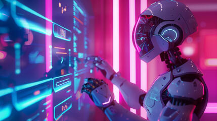 A futuristic robot interacting with an AR display of legal cybersecurity compliance metrics, emphasizing laws, regulations, and secure protocols.