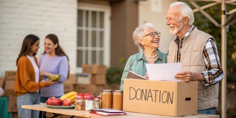 Happy senior volunteers smiling and organizing donations of food and other supplies at a charity event, promoting community support and social responsibility