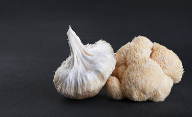 Lion's Mane mushroom on a dark background.