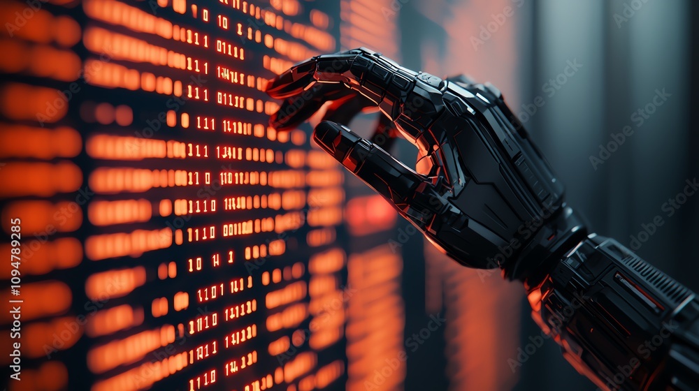 Poster robotic hand interacting with data stream technology lab digital art futuristic environment close-up