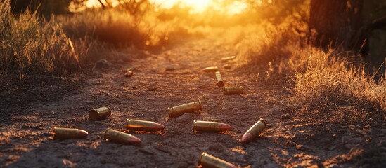 Obraz premium Sunset on a Dusty Path: Scattered Cartridge Cases at Golden Hour