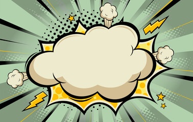 Balnk boom comic book text speech bubble in pop art style with dots. Clear wow balloon for posts and announcements. Empty message cloud background backdrop with flashes and stars. Vector illustration.