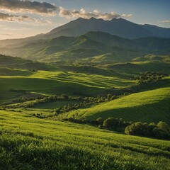 Obraz premium A lush green hilltop, with rolling fields below and a distant view of a mountain range.