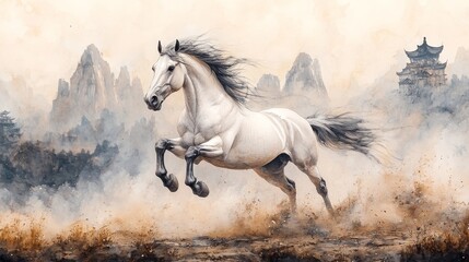 A Chinese horse galloping across a plain, with mountains in the background, dynamic movement captured in flowing ink strokes, the horse mane swaying in the wind, Photorealistic