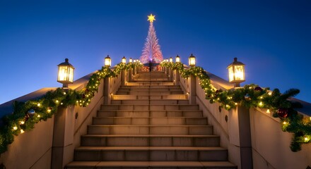 A Christmas landscape with a long staircase leading to the top of the mountain. Generative AI.