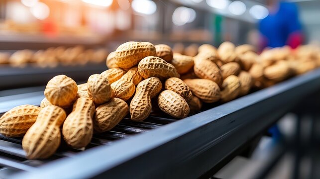 A close-up of shelled peanuts stacked on a conveyor belt in a processing facility with a blurred background.