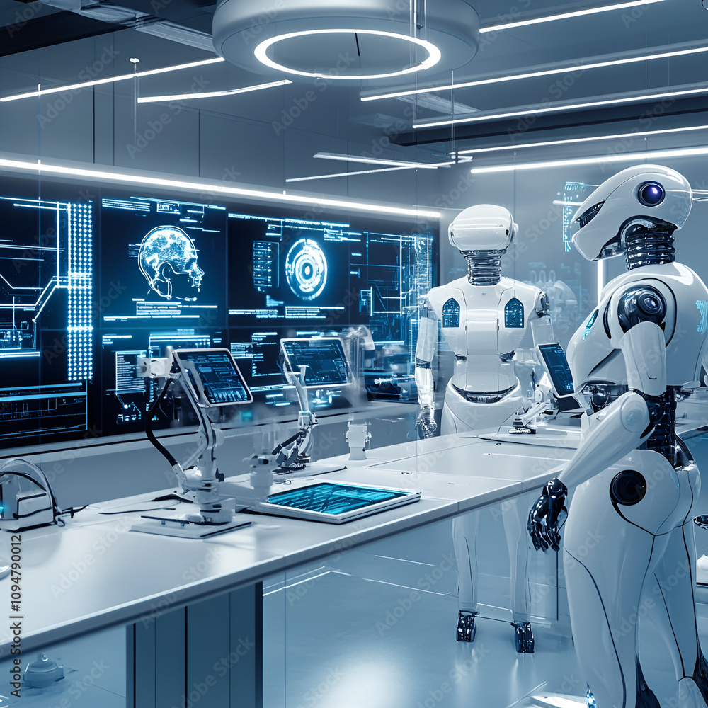 Poster robotic interaction and monitoring in a high-tech laboratory futuristic environment digital innovati