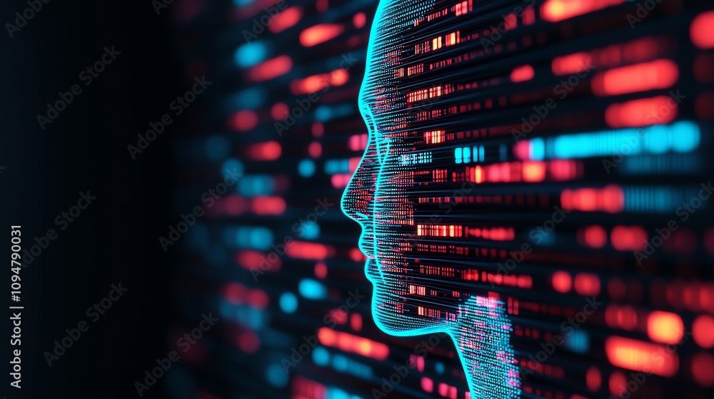 Poster exploring ai technology abstract profile visualization digital environment graphic design futuristic