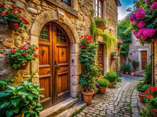 A Captivating Doorway in an Old Town: Charming Architecture Surrounded by Historic Streets and Lush Greenery, Evoking Timelessness and Adventure in Every Corner