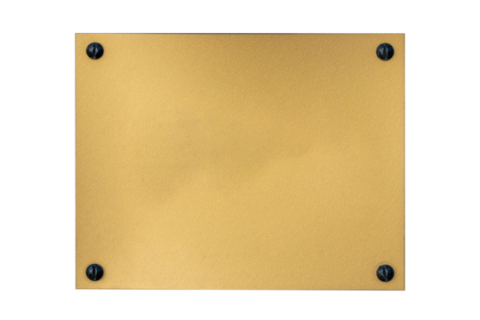 Brass plaque background with a brush metal texture and screws, png stock photo file cut out and isolated on a transparent background