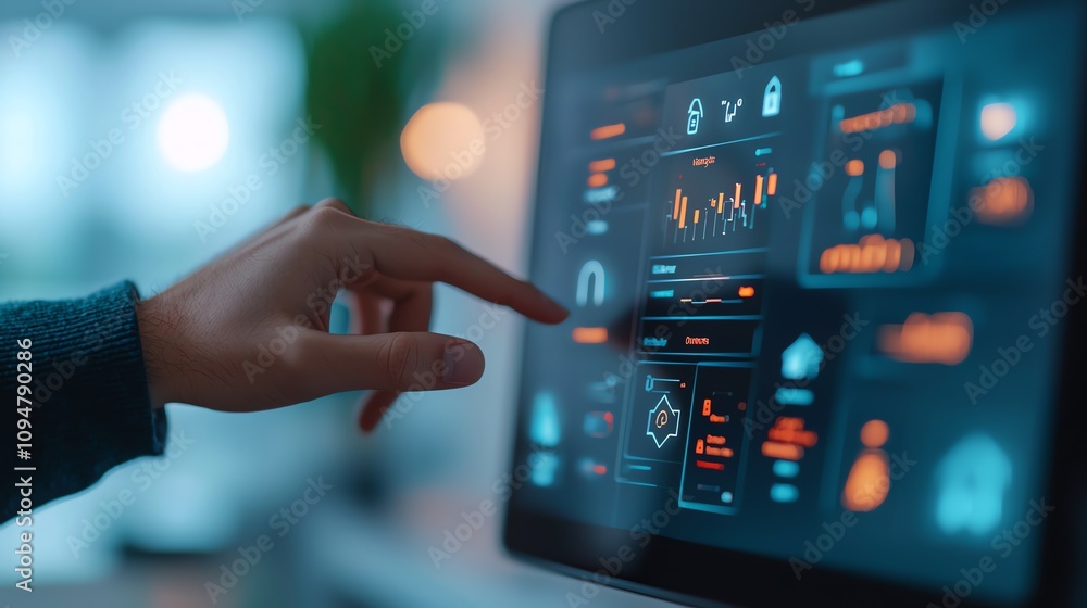 Poster user engaging with smart technology interface modern office digital interaction indoor environment c