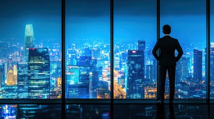 Fototapeta premium Silhouette of a Businessman Looking Out a Window at a Nighttime Cityscape