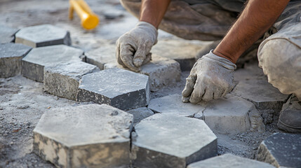 Mason setting stones in a hexagonal pattern for a unique architectural feature.