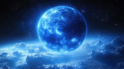 Fototapeta premium A glowing blue planet hovering above a cloud-covered surface in a cosmic backdrop.