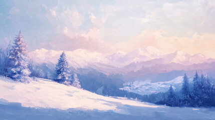 Winter banner focusing on nature, snowy mountain landscape background lit by soft sunlight, Ai generated images