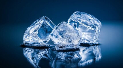 Obraz premium Realistic Close-up of Ice Cubes on a Dark Background, Detailed View Showing Texture and Reflection, Cold and Refreshing Concept for Drink, Cocktail, and Winter Themes